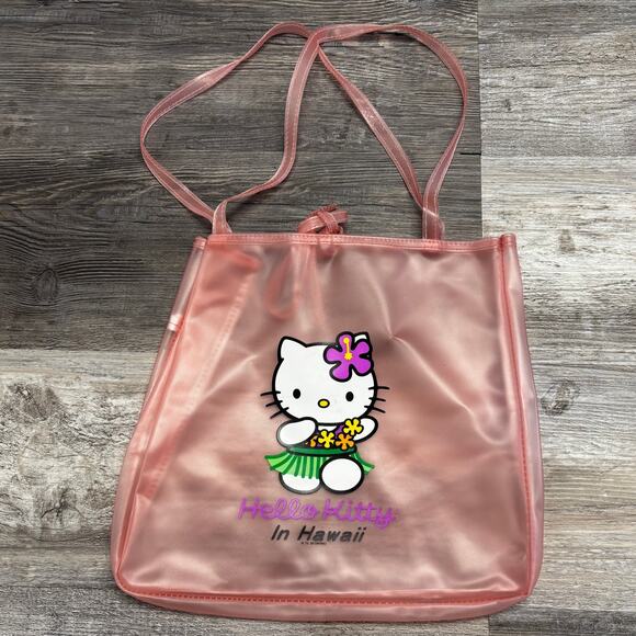 Vintage 90s Hello‎ Kitty in Hawaii Pink Translucent Double Strap Summer Tote Bag - Picture 1 of 5